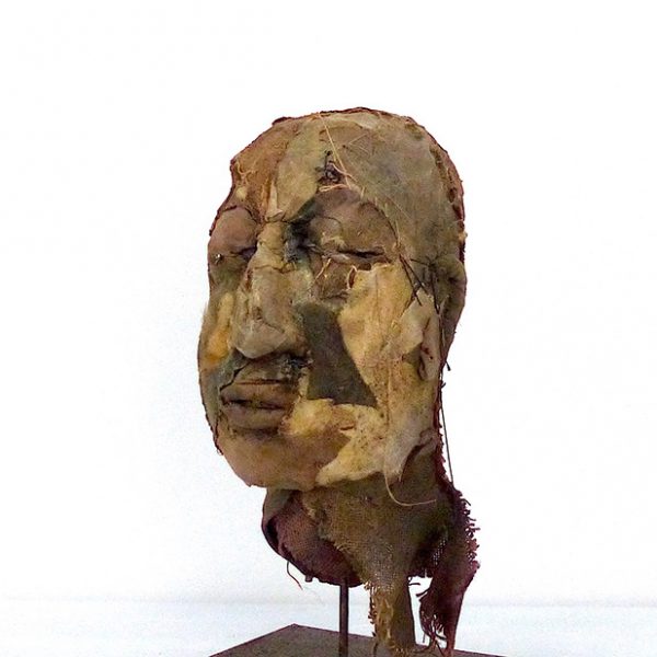 Carmen’s Head, Carlos Zapata 2017. Hessian and other Textiles, 45cm high.