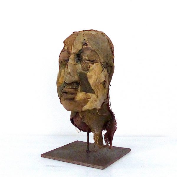 Carmen’s Head, Carlos Zapata 2017. Hessian and other Textiles, 45cm high.
